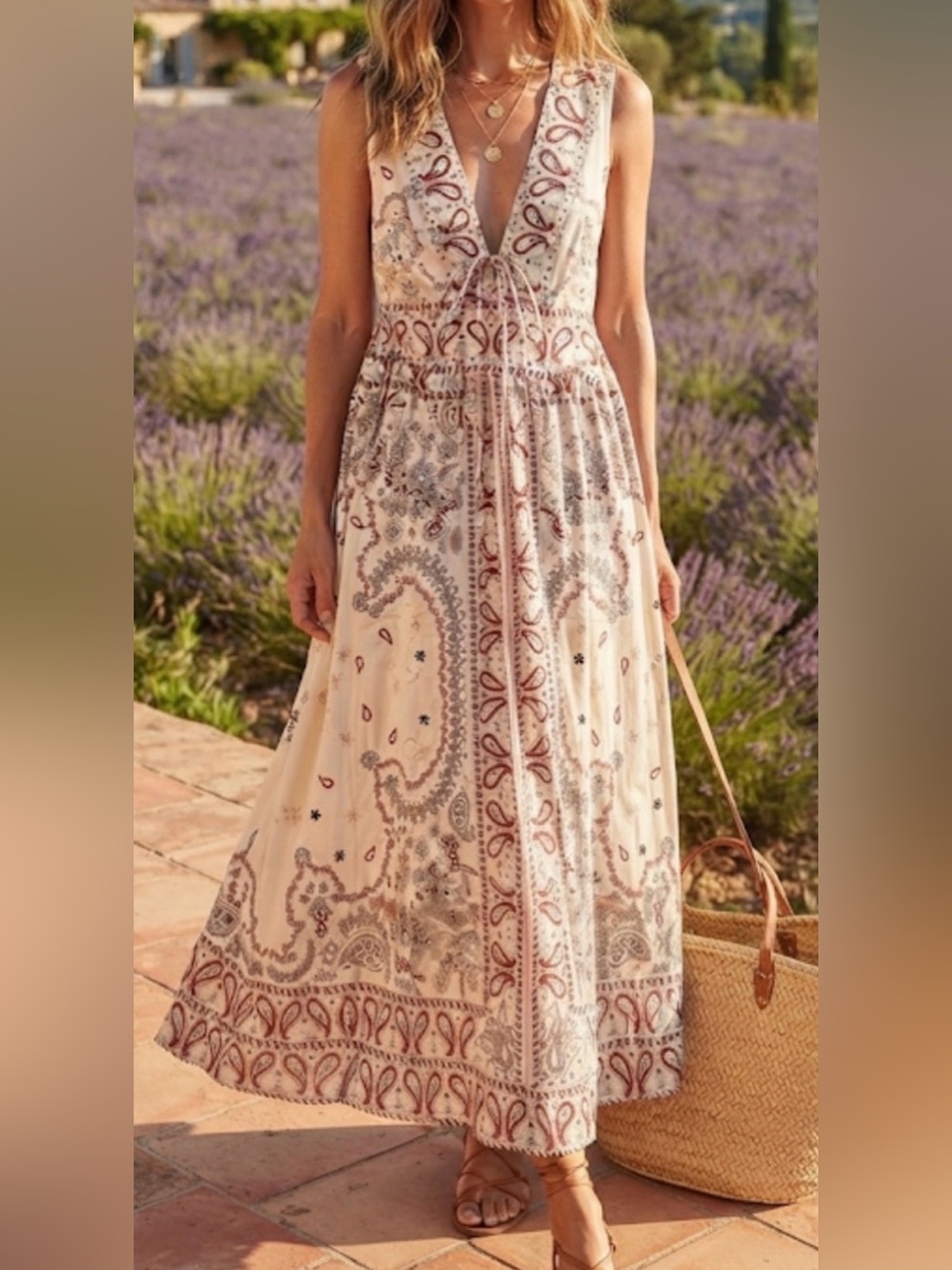 Christian Lacroix Cream Maxi Dress with Burgundy and Gray Paisley Print - Picture 2 of 9